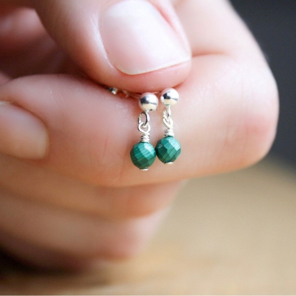 Malachite Earrings stud drop sterling silver handmade jewelry for women - Picture 2 of 2